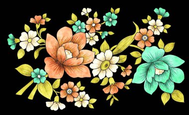 suluboya çiçekler siyah arkaplanda ayarlandı