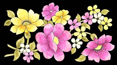 Siyah üzerine el çizimi çiçek deseni