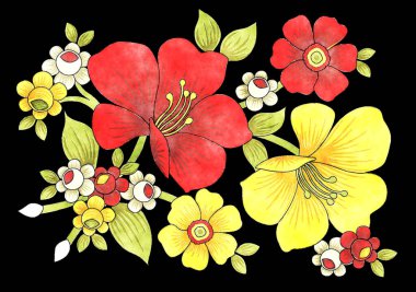 Okaliptüs yapraklı renkli suluboya çiçek buketi