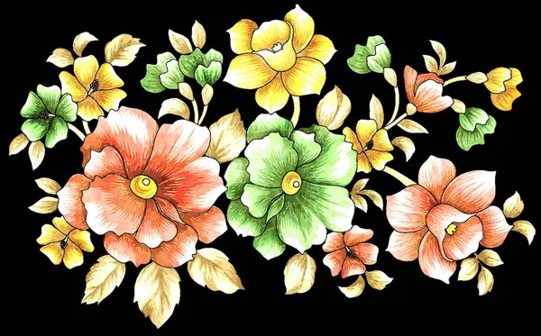 Bahçe yaprakları ve çiçek açan dekoratif parçalar.