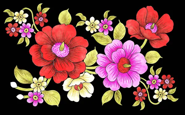 Kırmızı çiçekli çiçek deseni ve beyaz arka planda yapraklar. kumaş baskısı, tekstil tasarımı, duvar kağıdı, davetiye kartı veya