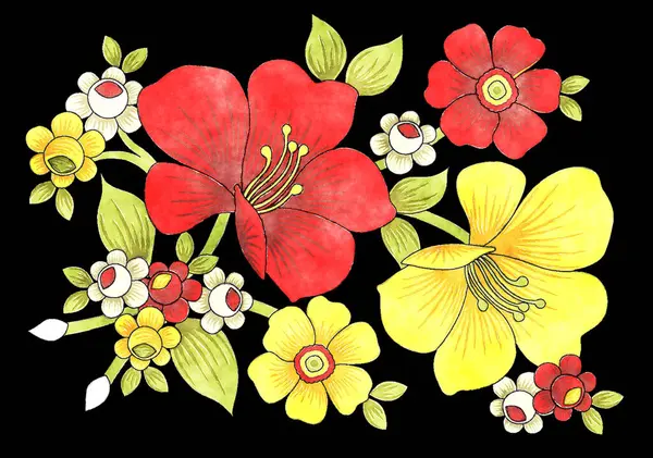 Okaliptüs yapraklı renkli suluboya çiçek buketi