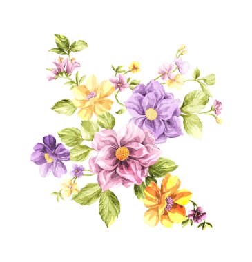 suluboya çiçekler, elle boyanmış, beyaz arka planda izole edilmiş.