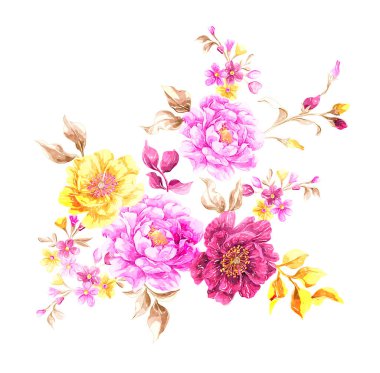 Yaprak ve çiçeklerin suluboya resmi, koyu, beyaz arkaplan, illüstrasyon