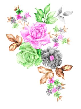 Yaprak ve çiçeklerin suluboya resmi, beyaz arkaplanda pürüzsüz desen,