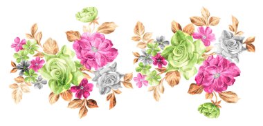suluboya güller, buket ve yapraklar, elle boyanmış çiçek çizimleri.
