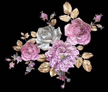 Koyu arkaplanda suluboya çiçek deseni var. pembe ve beyaz güller, şakayıklar ve dallar, yapraklar, tomurcuklar, dallar. El boyaması illüstrasyon. Selamlama