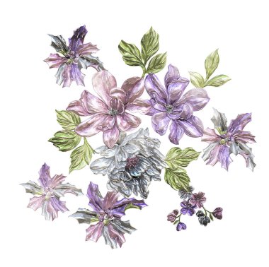 Beyaz arka planda izole edilmiş çiçek ve yapraklarla suluboya çizimi. Elle boyanmış çiçek deseni. düğün davetiyeleri.