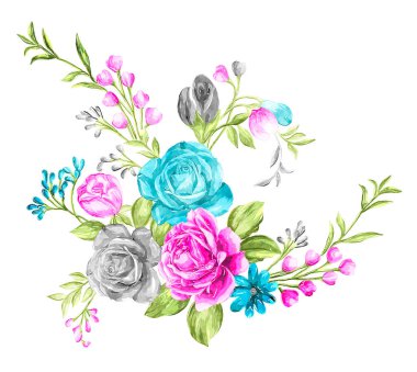 Beyaz arka planda izole edilmiş çiçek ve yapraklarla suluboya çizimi. Elle boyanmış çiçek deseni. düğün davetiyeleri.