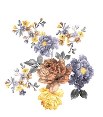 Beyaz arka planda izole edilmiş çiçek ve yapraklarla suluboya çizimi. Elle boyanmış çiçek deseni. düğün davetiyeleri.