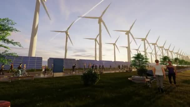 Güneş Batımında Rüzgar Türbinleri Güneş Panellerinin Elektriklendirdiği Yeşil Bir Şehrin — Stok video