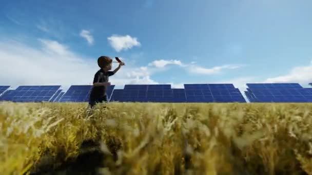 Mały Chłopiec Biegający Polu Pszenicy Panelami Słonecznymi — Wideo stockowe
