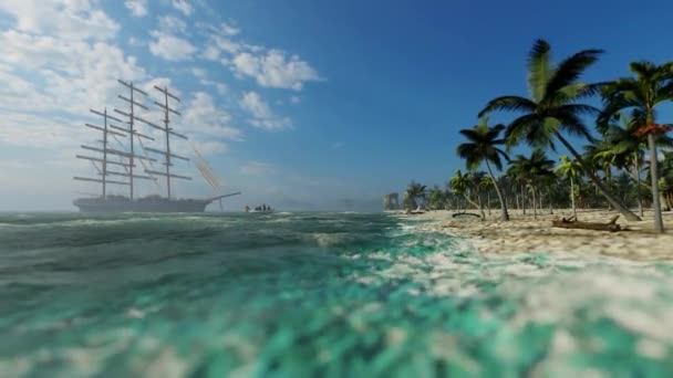 パラダイスの征服 熱帯の島に到着した古い船と乗組員ボート — ストック動画