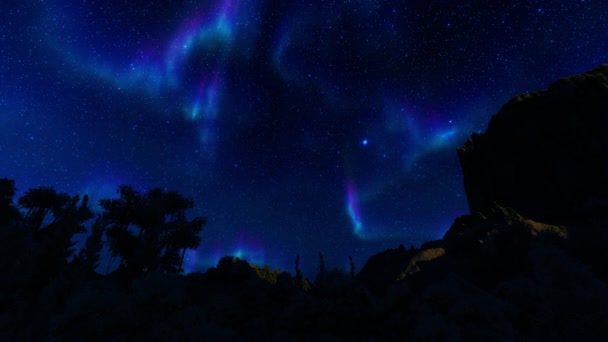 Aurora Boreal Céu Estrelado Sobre Picos Montanha Com Silhuetas Árvores — Vídeo de Stock