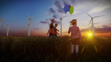 Gün batımında Rüzgâr Türbinleri Çiftliği 'nde balon tutan küçük kız, oradan geçen tamirciler, 4K