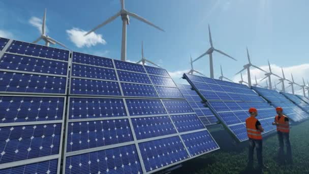 Panneaux Solaires Éoliennes Énergie Verte Ouvriers Entretien Boucle Transparente — Video