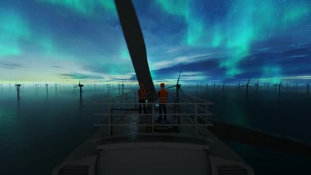 Wartungspersonal Auf Einer Offshore Windturbine Vor Sternenhimmel Und Polarlichtern — Stockvideo
