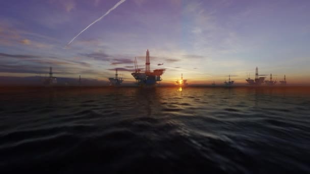 Kurtarma Botu Offshore Petrol Platformunda Helikopterle Güzel Gündoğumuna Karşı Uçuyor — Stok video