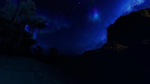 Aurora Borealis Звездном Небе Полет Над Горными Персиками Силуэтами Деревьев — стоковое видео