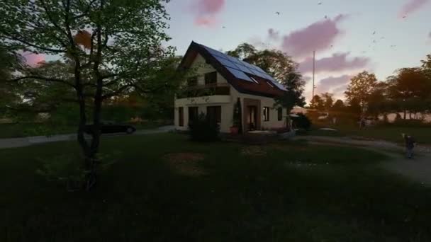 Family Green House Solar Panels Wind Turbine Beautiful Sunrise Panning — Stock Video