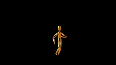 Funny golden mannequin doing a salsa pirouette, seamless loop, against black