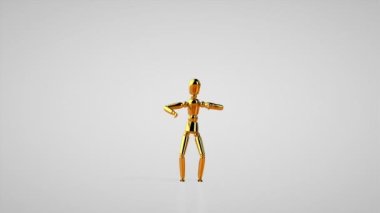 Funny golden mannequin doing the chicken dance, seamless loop, white studio