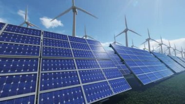 Green energy solar panels and wind turbines, seamless loop 4K