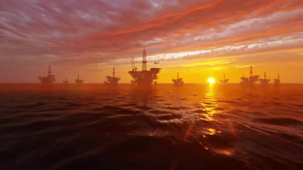 Räddningsbåt Offshore Oil Rig Med Helikopter Flyger Mot Vacker Solnedgång — Stockvideo