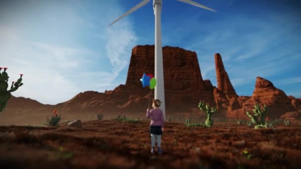 風力タービンを見て風船を持っている小さな女の子 メンテナンス作業員通過 傾き4K — ストック動画