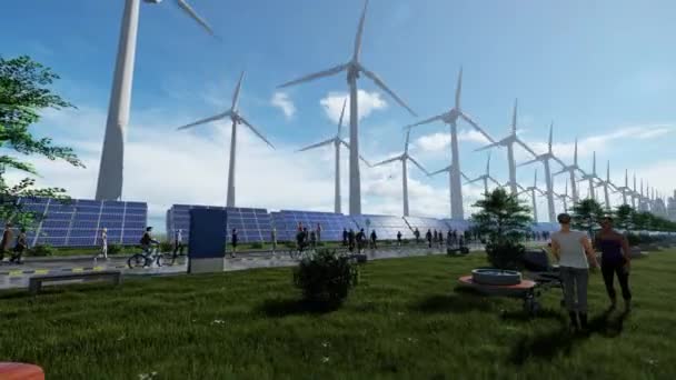 Happy People Park Green City Electrified Wind Turbines Solar Panels — Vídeo de Stock