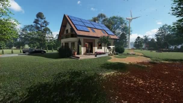 Green House Solar Panels Wind Turbine Lake Tilt — Vídeo de stock
