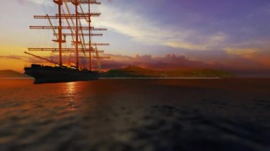 Conquest of Paradise, old vessel near an unexplored tropical island at sunset, 4k