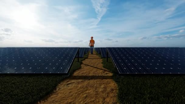 Εργάτης Συντήρησης Στο Solar Panels Farm — Αρχείο Βίντεο