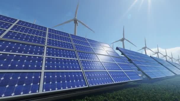 Green Energy Solar Panels Wind Turbines Panning — Vídeo de Stock