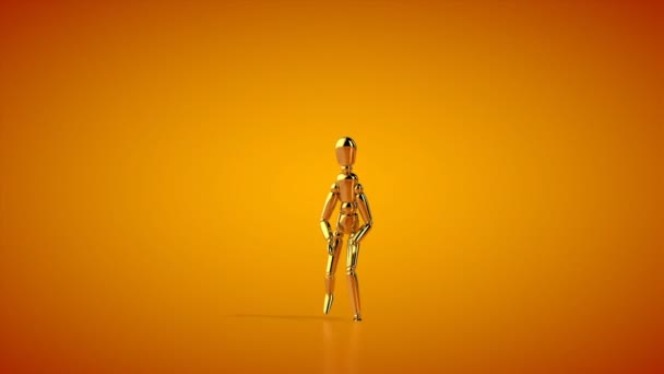 Grappige Gouden Mannequin Doet Robot Dans Naadloze Lus Oranje Studio — Stockvideo