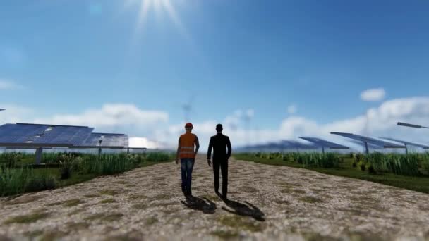 Green Energy Solar Panels Wind Turbines Maintenance Worker Supervisor Walking — Vídeos de Stock