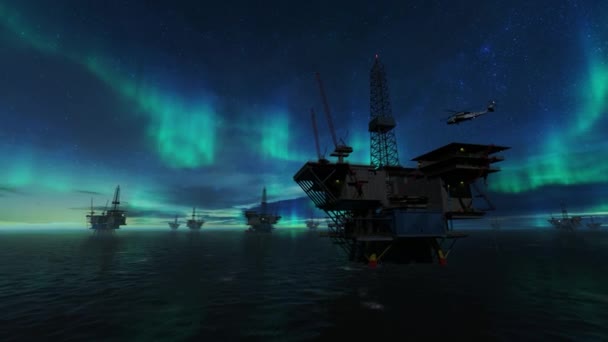 Oil Rigs Helicopter Flying Beautiful Aurora Borealis — ストック動画