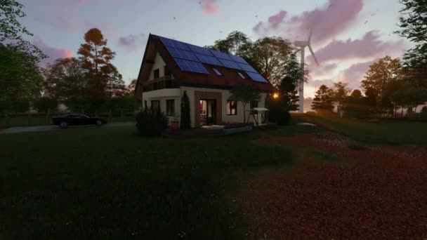 美しい夕日に対して湖の近くに太陽光パネルと風力タービンと緑の家 傾き4K — ストック動画
