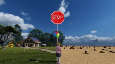 Dur işaretinin önünde renkli balonları olan 3D animasyon kızı, iklim değişikliği konsepti, eğik