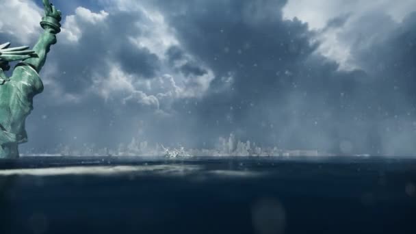 在暴风雪中被淹没的自由女神像和纽约天际线的3D动画 — 图库视频影像