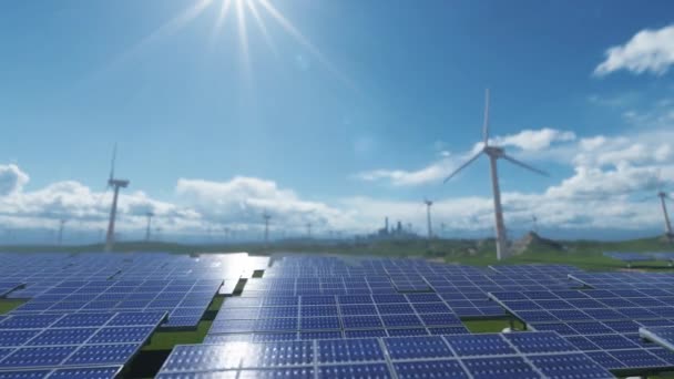 Зелена Енергія Сонячних Панелей Вітрових Турбін Проти Озера Міського Горизонту — стокове відео