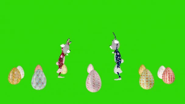 Пасхальні Пари Кроликів Танцюють Оточенні Великодніх Яєць Петлі Зеленого Кремінця — стокове відео