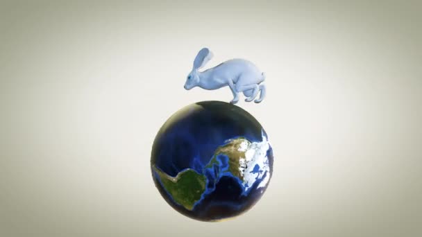 青い目の白いウサギが地球上を走るイースターコンセプトループ — ストック動画