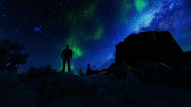 Casal Cão Admirando Aurora Borealis Contra Céu Estrelado Panning — Vídeo de Stock