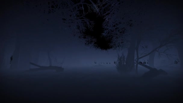 照相机在黑暗的雾蒙蒙的恐怖森林中飞行 阿尔法海峡 — 图库视频影像