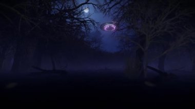 Üç boyutlu uzaylı UFO 'su perili ormanın üzerinde geziniyor.