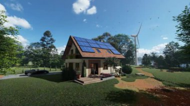 Gölün yakınında güneş panelleri ve rüzgar türbini olan yeşil bir ev, 4K