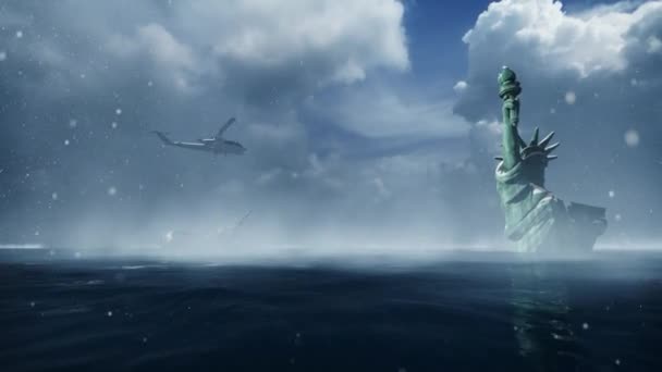 Szabadság Szobor New York Árvíz Fölött Repülő Helikopter Animációja — Stock videók