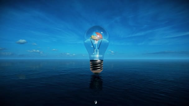 Анімація Барвистого Мозку Обертається Всередині Класичної Лампочки Нависає Над Водою — стокове відео