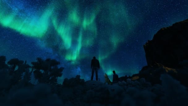 情侣和狗在星空的映衬下欣赏北极光 — 图库视频影像